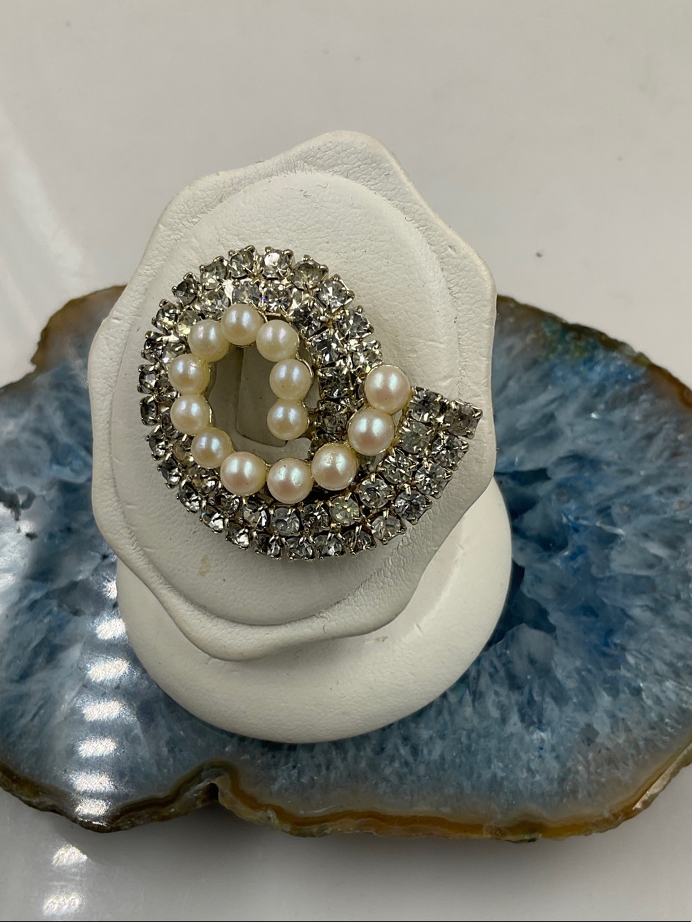 Vintage Pearl & Sparkling Crystals Swirl Statement Brooch In White